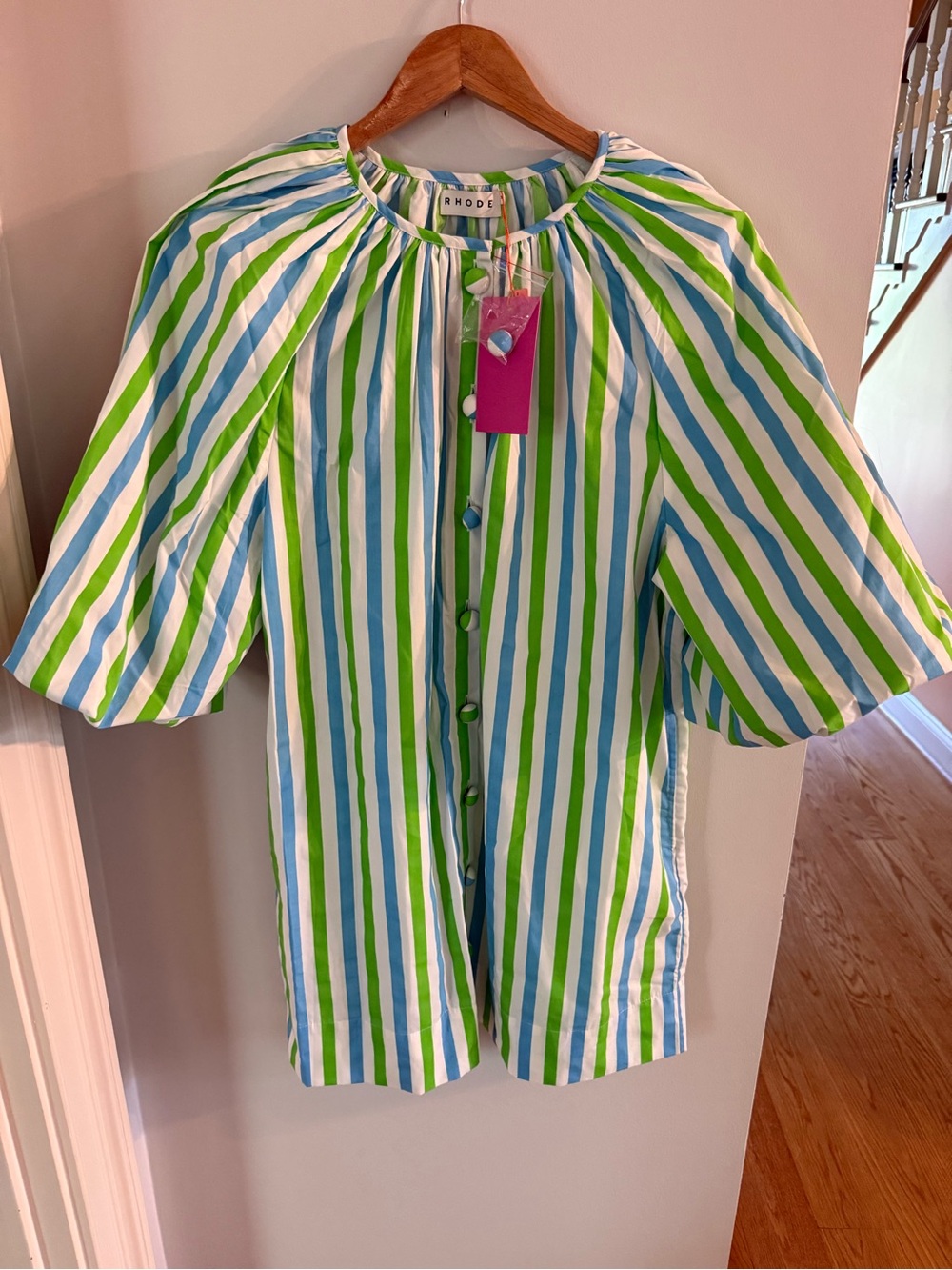 RHODE Green, Blue & White Striped Button-Front Blouse NWT
